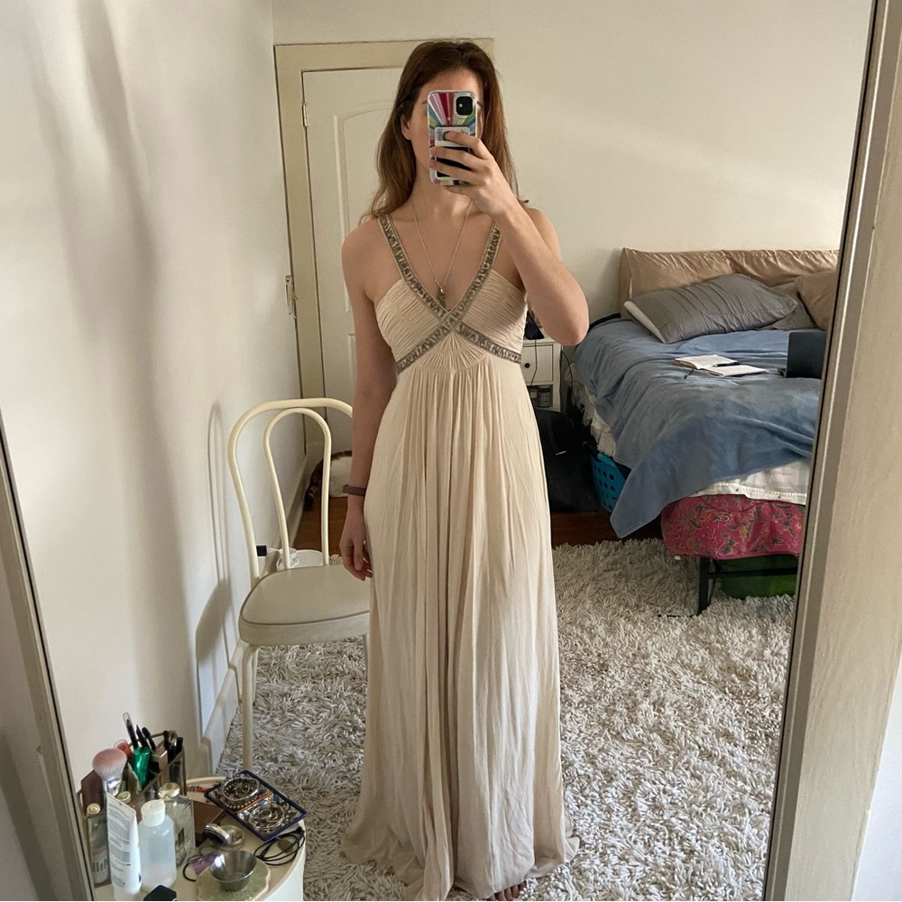 BCBGMaxAzria Cream and Tan Pleated Tiered Maxi Sundress for Wedding Guest